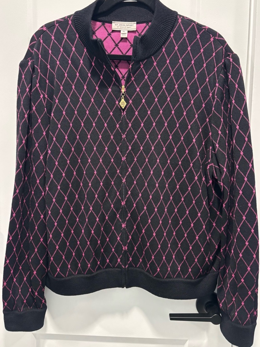 St. John Sport by Marie Gray Black Bomber Jacket with Pink Diamond Lattice